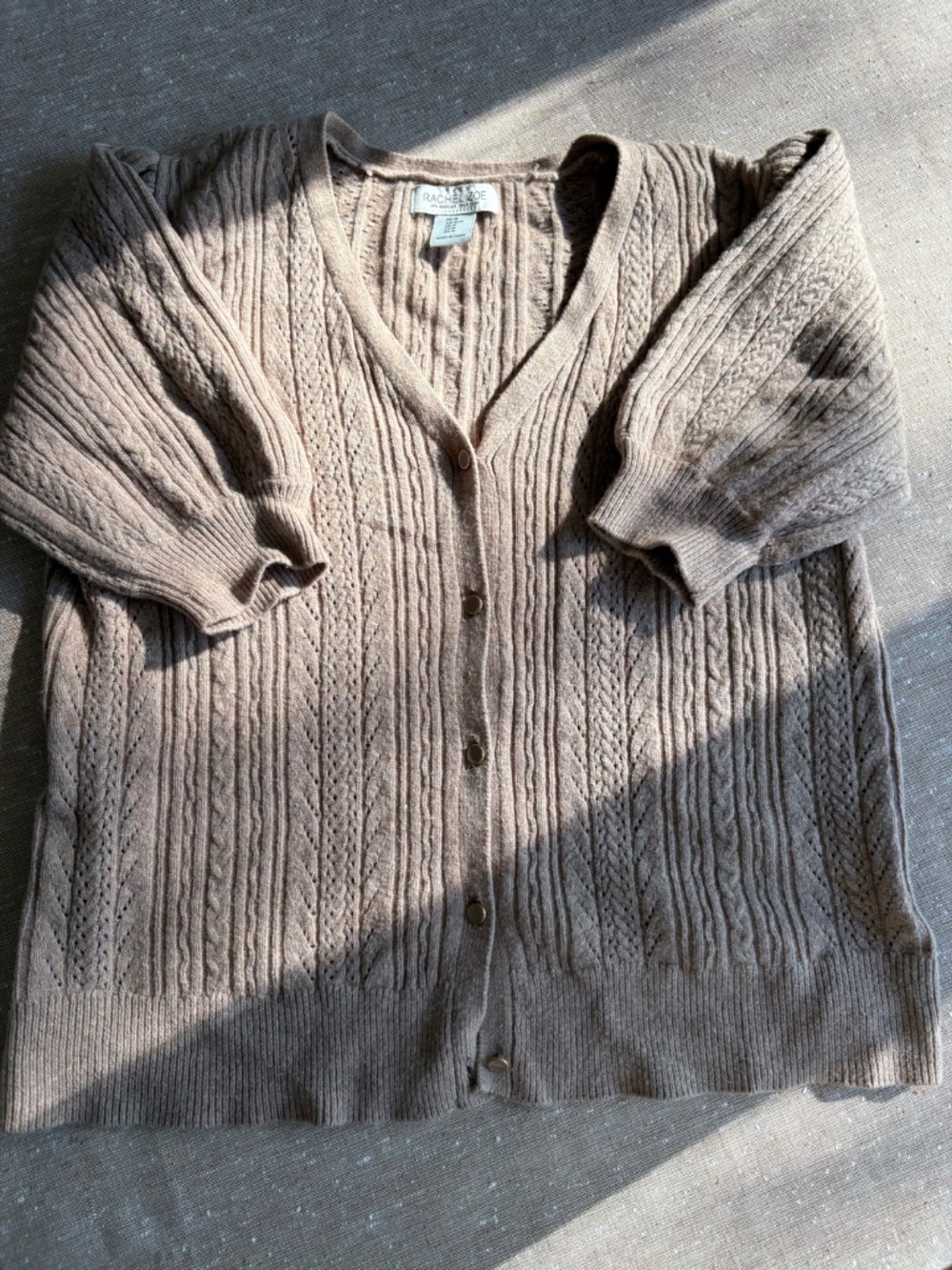 Rachel Zoe Taupe Cable Knit Short Sleeve Cardigan Cozy Sweater Cottagecore M